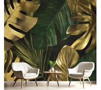 GSAEIMCT Papier Peint Soie Mural 3D Vert Doré Vision Des Feuilles 350X260Cm Muraux Poster Geant Tapisserie Photo Décoration Murale,Paysages Tropicaux Salon Chambre Bureau Couloir Peinture Décor