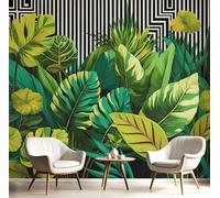 GSAEIMCT Papier Peint Soie Mural 3D Vert Feuilles Vertes Rayées 350X260Cm Muraux Poster Geant Tapisserie Photo Décoration Murale,Jungle Tropicale Salon Chambre Bureau Couloir Peinture Décor