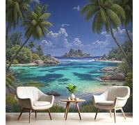 GSAEIMCT Papier Peint Soie Mural 3D Vert Palmiers Insulaires 450X300Cm Muraux Poster Geant Tapisserie Photo Décoration Murale,Paysages Naturels Salon Chambre Bureau Couloir Peinture Décor