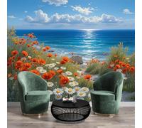 GSAEIMCT Papier Peint Soie Panoramique 3D Bleu Rouge Marguerite Aux Coquelicots Poster Geant Mural Océan Ensoleillé Pour Salon Chambre Bureau Couloir Peinture Restaurant Décoration Murale 400X280Cm