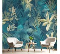 GSAEIMCT Papier Peint Soie Panoramique 3D Bleu-Vert Feuilles Fraîches Poster Geant Mural Jungle Tropicale Pour Salon Chambre Chambre Bureau Couloir Peinture Restaurant Décoration Murale 300X210Cm