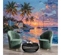 GSAEIMCT Papier Peint Soie Panoramique 3D Orange-Bleu Sunset Beach Poster Geant Mural Paysages Des Caraïbes Pour Salon Chambre Bureau Couloir Peinture Restaurant Décoration Murale 400X280Cm