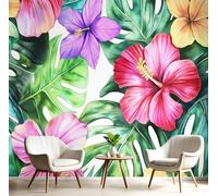 GSAEIMCT Papier Peint Soie Panoramique 3D Rose Vert Feuilles Et Fleurs Poster Geant Mural Aquarelle Tropicale Pour Salon Chambre Chambre Bureau Couloir Peinture Restaurant Décoration Murale 400X280Cm