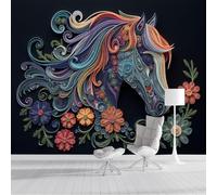 GSAEIMCT Papier Peint Soie Panoramique Cheval À Rouler Les Fleurs,3D Poster Xxl Papier Peint Motif L'Art Du Quilling,Fresque Murale 300X210Cm,Décoration Murale Vert Foncé Pour Salon Chambre Bureau Tv