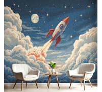 GSAEIMCT Papier Peint Soie Panoramique Fusée Nuageuse Illustrations De Science-Fiction 300X210Cm Bleu Blanc Décoration Murale Tableaux Poster Muraux Chambre Enfant Salon Salle Cuisine Coucherr Motif