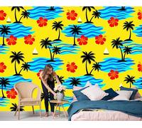 GSAEIMCT Papier Peint Soie Vagues De Palmiers,Papier Peint Panoramique Îles Tropicales Pour Salon Chambre Bureau Couloir,Décoration Murale,450X300Cm