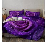 GSAEIMCT Parure De Lit Imprimée 220X240Cm Motif Rose Goutte De Rosée Réversible, Housse De Couette Super Douce pour 4 Saisons, Ensemble De Literie 3 Pièces avec 2 Taies D’Oreiller 65X65 Cm, Violet