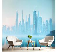 GSAEIMCT Photo Papier Peint Bleu Blanc Ville Du Futur 3D Peintures Murales Restaurant Café Fond Paysage De Science-Fiction Chambre Bureau Couloir D'Écran Salon Tv D'Écran Mural Déco,300X210Cm