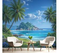 GSAEIMCT Photo Papier Peint Bleu-Vert Palmiers De L'Océan 3D Peintures Murales Restaurant Café Fond Paysages Insulaires Chambre Bureau Couloir D'Écran Salon Tv D'Écran Mural Déco,200X140Cm
