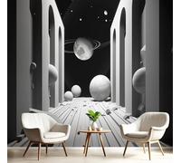 GSAEIMCT Photo Papier Peint Noir Et Blanc Chambre Planète 3D Peintures Murales Restaurant Café Fond Géométrie Spatiale Chambre Bureau Couloir D'Écran Salon Tv D'Écran Mural Déco,450X300Cm