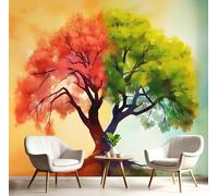 GSAEIMCT Photo Papier Peint Rouge Vert Beau Grand Arbre 3D Peintures Murales Restaurant Café Fond Paysage À L'Aquarelle Chambre Bureau Couloir D'Écran Salon Tv D'Écran Mural Déco,300X210Cm