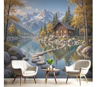 GSAEIMCT Photo Papier Peint Vert Brunâtre Maison Au Bord Du Lac 3D Peintures Murales Restaurant Café Fond Paysages D'Automne Chambre Bureau Couloir D'Écran Salon Tv D'Écran Mural Déco,300X210Cm
