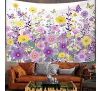 GSAEIMCT Tapisserie Murale Décorative Chambre - Jaune Pâle Fleurs Papillons Botanique Naturelle 230 X 150 Cm Grand - Papier Peint Tissu - Tapestry Aesthetic Wall - Décoration Panoramique