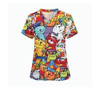 GSCLZ Blouses chirurgicales for Femmes, imprimé Animal Mignon, Hauts décontractés avec Poches plaquées, col en v, Manches Courtes, Uniforme d'infirmière for Femmes(Color3,S)