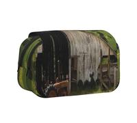 GSGCSBYMLG Ancienne grange en bois avec tracteur rouillé imprimé double étui à stylos portable, Noir , Taille unique, Pochette à monnaie