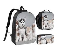 GSGCSBYMLG Ensemble cartable, sac à stylos, sac à déjeuner, imprimé chiens husky chiots 43,2 cm, Noir , Taille unique, Pochette à monnaie
