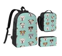 GSGCSBYMLG Ensemble cartable, sac à stylos, sac à déjeuner, imprimé visages de bouledogue anglais 43,2 cm, Noir , Taille unique, Pochette à monnaie