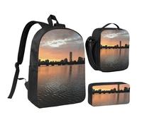 GSGCSBYMLG Ensemble cartable, trousse à stylos, sac à déjeuner, motif coucher de soleil sur la rivière Boston Charles River City Skyline 43,2 cm, Noir , Taille unique, Pochette à monnaie