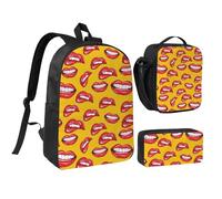 GSGCSBYMLG Ensemble sac d'école, sac à crayons et sac à déjeuner Motif lèvres rouges 43,2 cm, Noir , Taille unique, Pochette à monnaie