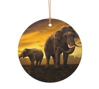 GSGCSBYMLG Pendentif rond en aluminium imprimé éléphant coucher de soleil parent-enfant décoration de sapin de Noël