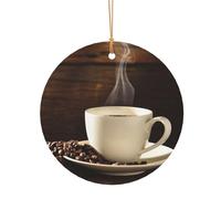 GSGCSBYMLG Pendentif rond en aluminium imprimé tasse à café et grains de café pour sapin de Noël décoration à suspendre