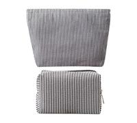 GSHLLO Lot de 2 trousses de maquillage à rayures avec fermeture éclair pour pinceaux de maquillage - Sac de rangement esthétique, trousse de toilette pour femme - Noir et blanc
