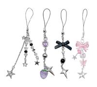 GSHLLO Lot de 4 breloques mignonnes pour téléphone - Fraise - Sangle de téléphone - Étoile - Breloque en forme de cœur et papillon - Pendentif esthétique pour téléphone portable - Porte-clés décoratif