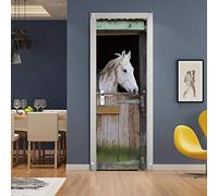 GSKBDQ 3D Effet Stickers Porte Interieure Trompe L'Oeil Cheval Blanc Animal Autocollant De Porte Auto-Adhésif Poster Mural Salon Cuisine Chambre Salle De Bain Papier Décoration 77X200Cm