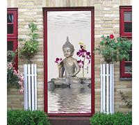 GSKBDQ Stickers Porte 3D Fleurs d'art Bouddha Zen Trompe l'oeil Mural Autocollant De Porte Papier Peint 95X215Cm Maison Salon Chambre Décoration Salle De Bain Cuisine Poster De Porte Stickers