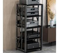 GSKFXJ Meuble Chaine HiFi Meuble Multimédia À 3 4 5 Niveaux, Support Multimédia AV Mobile, Étagère Console De Tourne-Disque, Armoire De Console Hauteur Réglable(Black,5 Tier)