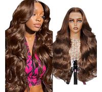 Gsoroel 13x6 Swiss Lace Front Human Hair Wig Cheveux Humain Glueless Wig a Little Tangle Unprocessed Brazilian Virgin Hair Body Wave #4 Chocolate Brown Pre Plucked With Natural Hairline 28 Pouces