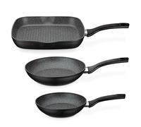 GSW Lot de 3 poêles Gourmet Granit - Set de poêles haut de gamme composé de 2 poêles et 1 poêle grill compatible induction - revêtement antiadhésif - aluminium