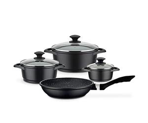 GSW Lot de 7 casseroles et poêles Gourmet Granit - Set de casseroles et poêles de qualité supérieure avec couvercle - Compatible induction et four - Fonte d'aluminium