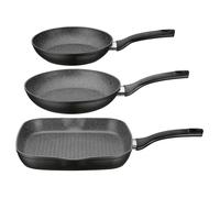 GSW Lot de 3 poêles Gourmet Granit - Set de poêles haut de gamme composé de 2 poêles et 1 poêle grill compatible induction - revêtement antiadhésif - aluminium