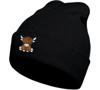 gswirmchsq Scottish Highland Cow Beanie Hat Black, Cute Funny Cow Embroidery Winter Knit Skull Cap for Adult Men Women