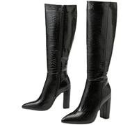 GSXLZ Bottes Fourrées Femme Bottes longues for femmes, talons épais et pointus, en cuir verni, motif crocodile, empiècement et fermeture éclair latérale(42)