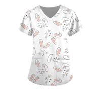 GSXLZ Haut d'uniforme D'InfirmièRe Uniformes médicaux for Femmes, Haut d'infirmière à imprimé Dessin animé de Lapin Mignon, col en V, Manches Courtes, Clinique for Femmes(Color9,L)