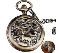 GSZCCZS Bronze Vintage Steampunk Mechanical Pocket Watch Men Chain Chain Deer Design Hollow Design Roman numéro Deux Horloge Masculine Ouverte