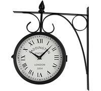 GSZCCZS Horloge Murale Horloge d'art extérieur Horloge de Jardin, Horloge Murale Double Face à l'épreuve des intempéries avec Support de Style rétro européen en Fonte Noire de la Station de création