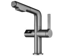 GSZCCZS Robinet de lavabo de Salle de Bain en Laiton avec Affichage de la température, Rotation à 2 Fonctions, Montage sur Pont, mitigeur Chaud et Froid, Gris