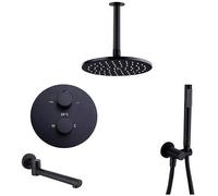 GSZCCZS Système de Douche, Plafond thermostatique monté en Laiton Noir Douche de Salle de Bain Noire avec Pomme de Douche de 8-12 "Piste de Douche à la Pomme de Douche à Main et Robinet de Baignoire,