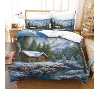 GTDKSUEVG 3D, Imprimé Chalet de Montagne et forêt Literie en Microfibre Super Douce Et Respirante Housse De Couette 3 Pièces Et Taie d'oreiller Single(140x200cm)