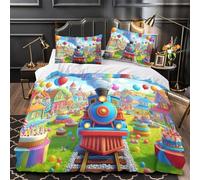 GTDKSUEVG Birthday Train Ride Parure de Lit 3D Effet Microfibre 3 Pièces Taie Douce Coon Festive Village Ensemble De Literie Super Douce Résistante for Adultes Enfants King（220x240cm）