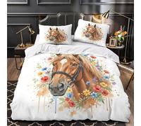 GTDKSUEVG Cheval Portrait Ensemble De Literie 3D Effet Microfibre Hypoallergique 3 Pièces 2 Taies Ultra Douce Watercolor Floral Linge de Lit Confortable Entretien Facile for Garçon Single（135x200cm）