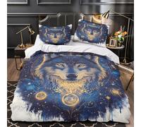 GTDKSUEVG Loup Mystique 3D Imprimé Housse de Couette 3 pièces Microfibre Entretien Facile Conception Cosmique spirituelle Drap de Couette 2 taies éclair Adolescents Adultes Single（140x200cm）