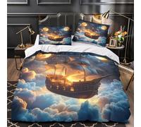 GTDKSUEVG Navire Fantastique 3D Imprimé Housse de Couette 3 pièces Microfibre Anti-Tache Naviguer à Travers Les Nuages Drap de Couette 2 taies Lavable Machine déco Chambre Adulte King（220x240cm）