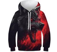 GTDKSUEVG Unisexe Garçons Filles Hoodie Le Loup 3D Imprimé Manches Longues Sweatshirt avec Poches 13-15Y