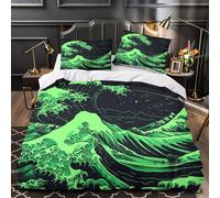 GTDKSUEVG Vague Verte 3D Imprimé Housse de Couette 3 pièces Microfibre Anti-Tache Illustration numérique Drap de Couette 2 taies hypoallergénique garçons Enfants King（220x240cm）