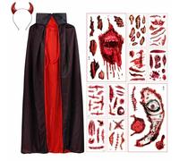 GTDOOCE Cape Noire Rouge Reversible Cape Halloween,Deguisement Halloween Costume Vampire,Cape Vampire Diable avec Bandeau Corne et Cicatrice Tatouage pour Halloween Mascarade,Jeu de Rôle,90 cm