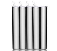 Gteller Gobelet fin à double paroi en acier inoxydable 18/8 avec paille et couvercle, tasse de voyage isotherme pour garder les boissons froides et chaudes (acier inoxydable, lot de 4 - 597 g)